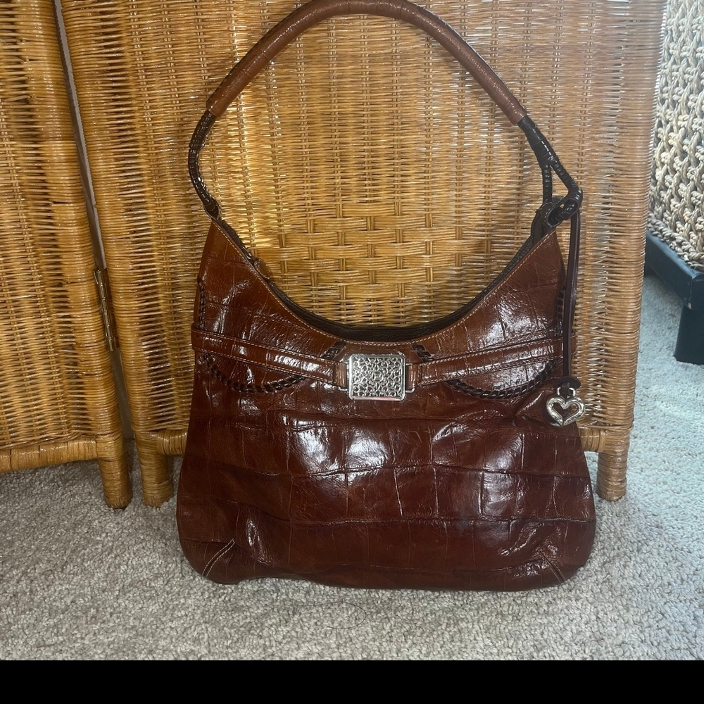 Brighton Dark Brown Leather Crocodile-Embossed Shoulder Bag